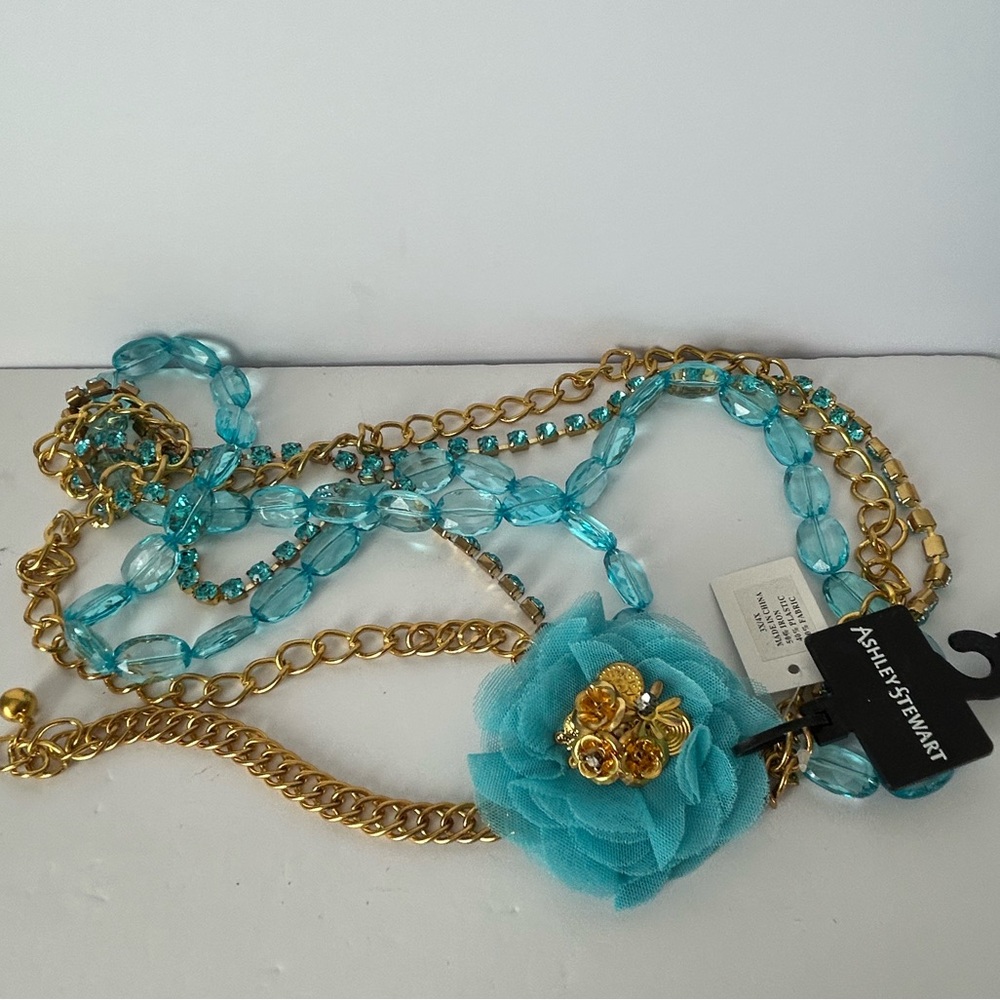 Ashley Stewart Gold and Aqua Belt with Floral Detail NWT